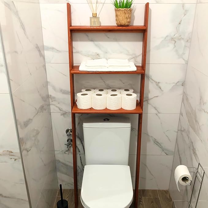 Over The Toilet Birch Wood Bathroom Organizer Shelves, 3-Tier Freestanding Above Toilet Storage Ladder Shelf, Standing Space Saver Behind Toilet Small Bathroom Organizer (Chestnut)