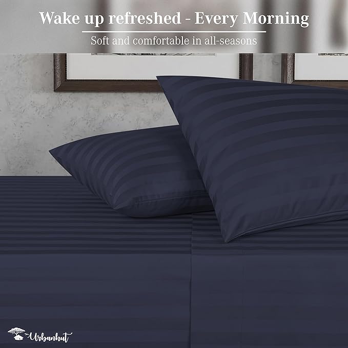 URBANHUT 1000 Thread Count Damask Striped King Sheet Set Egyptian Cotton Sheets, Long Staple Soft & Breathable, 4 Pcs Bed Sheet Sets, Luxury Hotel Sateen Sheets Fits 16" Deep Pocket - Navy Blue