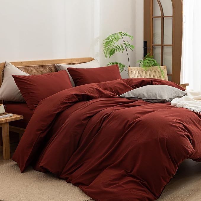 BESTOUCH Duvet Cover Set 100% Washed Cotton Linen Feel Super Soft Comfortable Chic Lightweight 2 PCs Home Bedding Set Solid Fired Brick Red Twin/Twin XL
