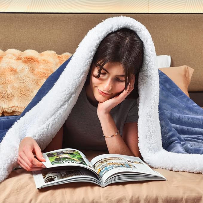 KAWAHOME Sherpa Fleece Queen Size Blanket for Bed - Extra Warm and Heavy Thick Blankets for Winter, Super Soft 500GSM Plush Blanket, 90"X 90" Washed Blue