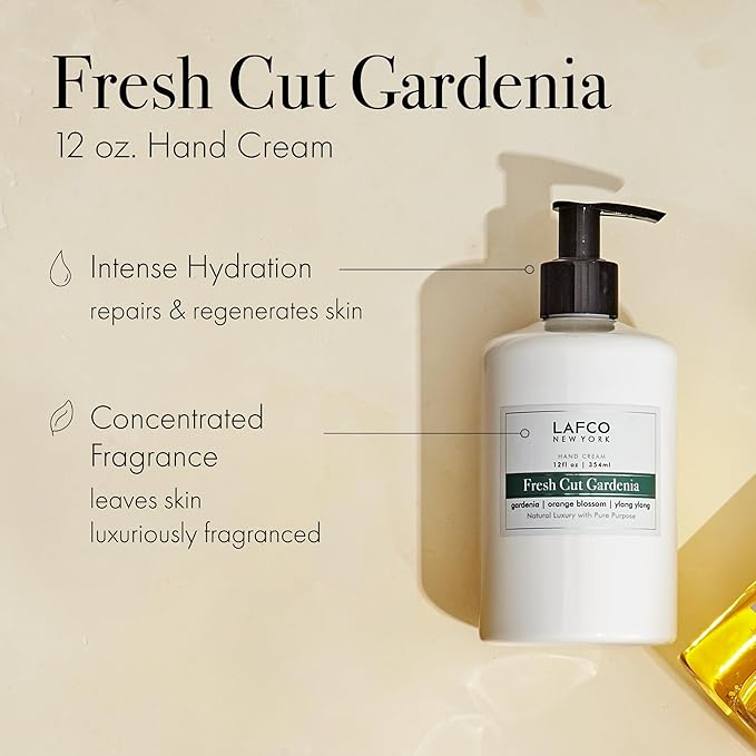 LAFCO New York Hand Cream, Fresh Cut Gardenia - 12 oz - Restores & Repairs Skin - All Skin Types - Hypoallergenic, Synthetic Free & Cruelty Free - Made in Italy