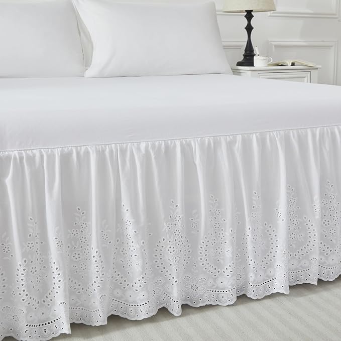 Brandream White Eyelet Bed Skirt Queen Size 100% Cotton Ruffled Dust Ruffle Bed Skirt 18 Inch Drop with Embroidered Floral Design Queen Size Beds