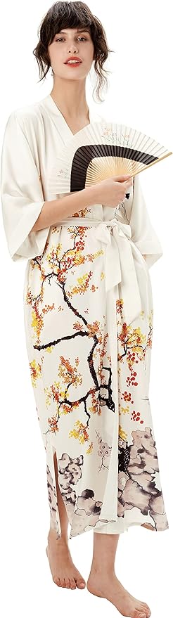 PRODESIGN Kimono Robe for Women - Long Satin Sleepwear Silky Kimono Cover-Up Nightgown Japanese Bathrobe Loungewear Blouse