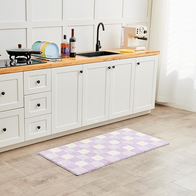 CozeCube Bath mats for Bathroom Non Slip, Fluffy Absorbent Microfiber Bath mat Washable, Aesthetic Bathroom Rugs, Small Purple Checkered Bath mat, Lavender, 24" x 16"