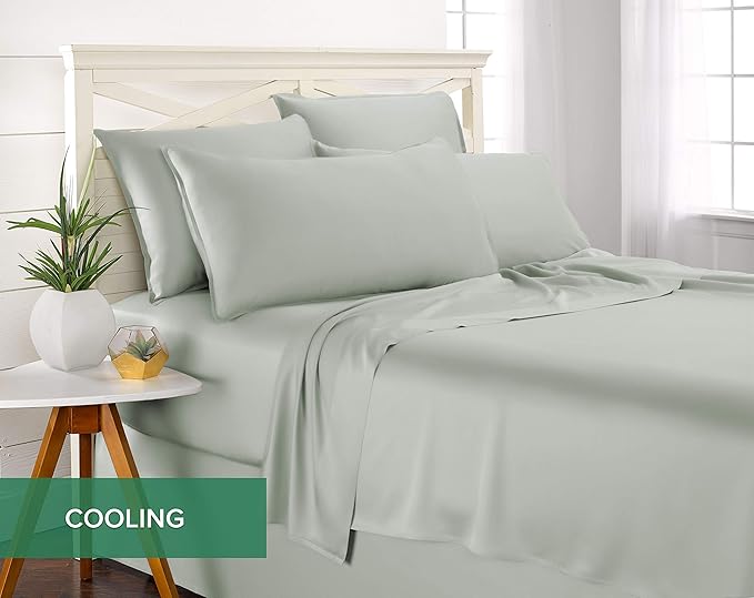 Queen Sheets by Pure Bamboo, Genuine 100% Organic Viscose Derived from Bamboo Bed Sheet Set, Luxuriously Soft & Cooling, Double Stitching, Lifetime Quality Promise (Queen, Sea Glass)