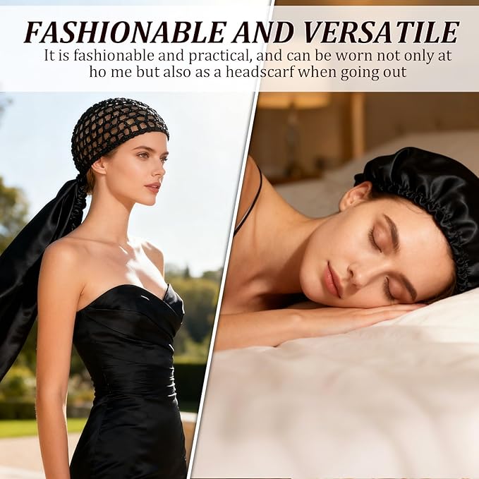2 In1 Wrap Cap Bonnet Reversible Adjustable Tie Band, Silk Bonnet Hair Wrap Cap for Silk Press, New Satinbonnet for Sleeping, Double Layered Nettie Band for Curly (Black)