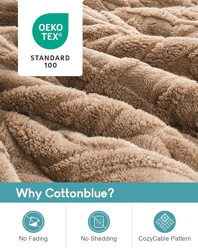 Cottonblue Weighted Blanket 15lbs Queen Size for Adults - Plush Cozy Sherpa Weighted Blanket for a Better Night's Sleep, Luxurious Jacquard Decor Blanket for Bed Sofa Couch, 60x80 Inches,Khaki