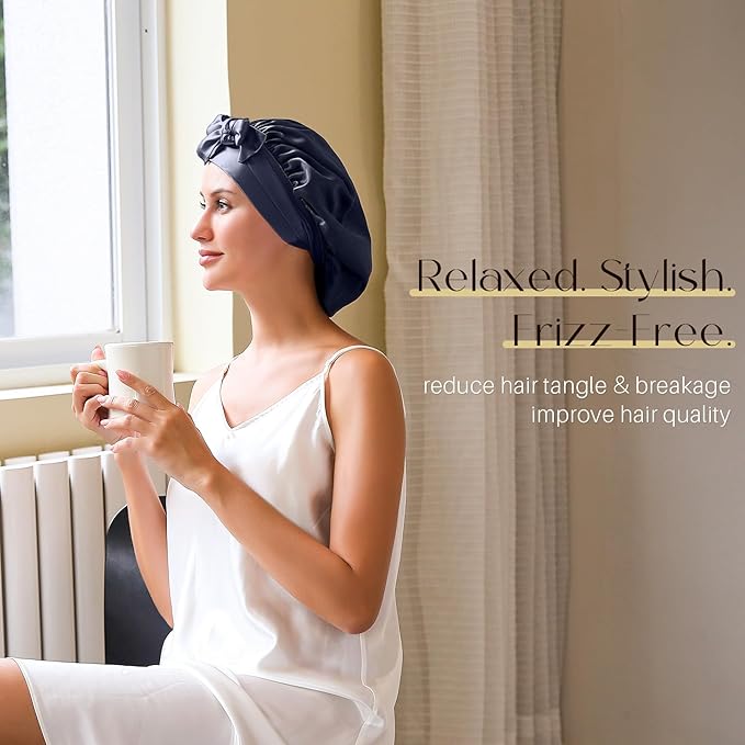ZIMASILK 100% Mulberry Silk Bonnet for Sleeping Women Long Hair Double Layer Silk Hair Wrap with Tie Band Stay On Head (1Pc, Navy Blue)