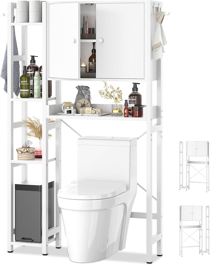 Over The Toilet Storage Cabinet with Doors - 7 Tier Bathroom Organizer with Adjustable Shelf, Freestanding Space Saver Rack Above Toilet Stand with 4 Hooks for Bathroom, Restroom, Laundry, White
