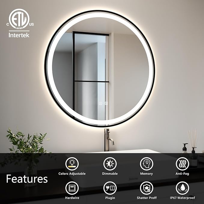 APRILSOUL 32 Inch Round Aluminum Framed LED Bathroom Mirror with Lights, Makeup Mirror with Front and Backlit, Anti-Fog, 3 Colors and Dimmable Light