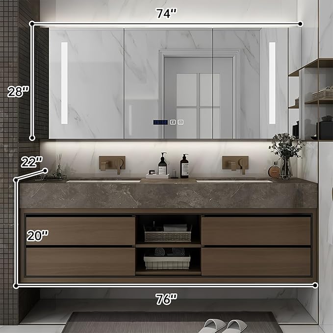 76IN Double Sink Bathroom Vanity, Floating Modern Bathroom Vanity Include Smart Defog Mirror Cabinet with LED Light, Solid Wood Vanities with Integrated Sink and Drawers Storage