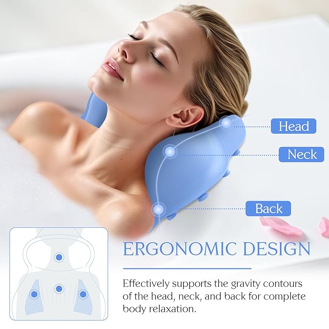 Silicone Bath Pillow, New Material Bath Pillows for Tub Head Neck and Back Support, Bath Tub Pillow with 4D Press Inflatable Airbag and Non-Slip Strong Suction Cups, Quick-Drying, Easy to Store, Blue