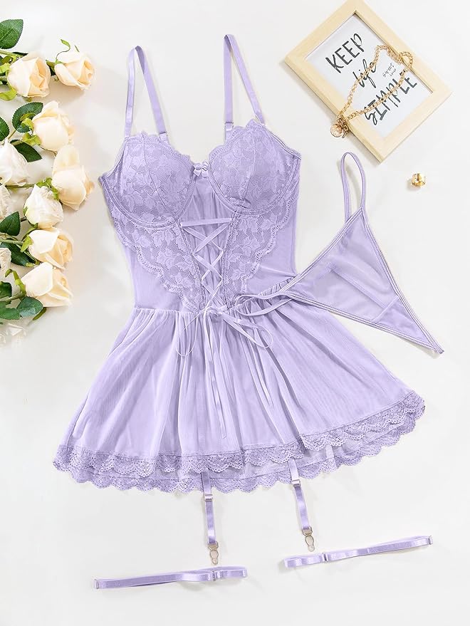 Lilosy Sexy Garter Belt Mesh Lace Babydoll Lingerie Dress Set with Thong