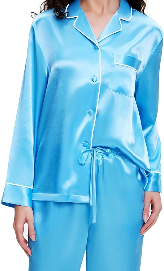 Lonxu Silk Satin Womens Pajama Sets Button Down Sleepwear Loungewear XS~3XL