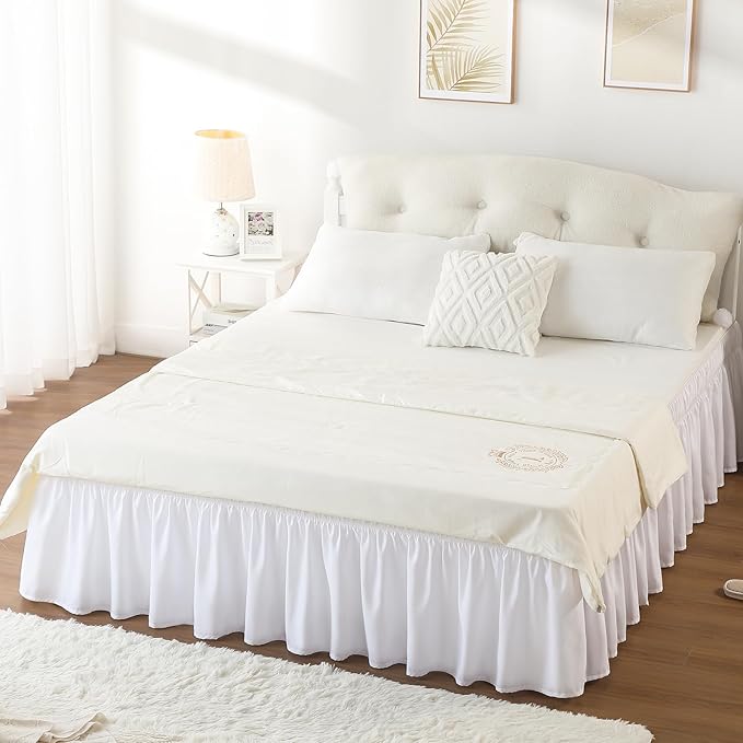 RIMELA Queen Bed Skirt 14 Inch Drop White, Wrap Around Elastic Bed Skirts Queen Size Dust Ruffle, Bedskirt for Adjustable Bed Base Solid Silky Fabric Machine Washable Easy to Install