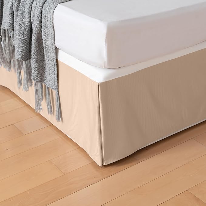 Queen Bed Skirt, Grid Plaid Soft Quadruple Pleated Ruffle Bed Skirt, Tailored Dust Ruffle 14 Inch Drop Easy Fit, Machine Washable (Beige)