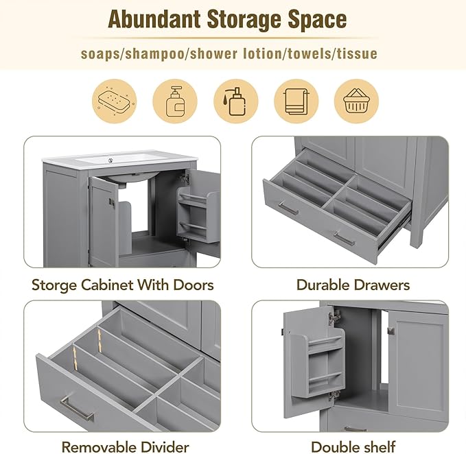 60" Bathroom Vanity Set with Double Vanities, Double Ceramic Sinks, Storage Shelf, Soft Closing Doors, Divided Drawers (Mirror not Included), Large Bathroom Vanity Sink Set (Grey)