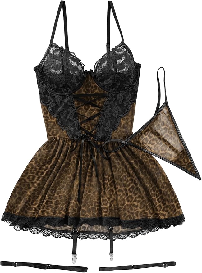 Lilosy Sexy Garter Belt Mesh Lace Babydoll Lingerie Dress Set with Thong