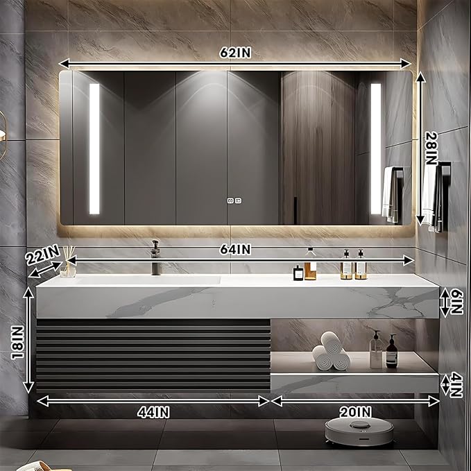 Bathroom Vanity 64 inch, Single Sink Floating Vanity Set Includes Anti-Fog LED Mirror Cabinet, Slate Countertop and Wall-Mount Sink Cabinet, Modern Bathroom Vanities(Greyish Black)