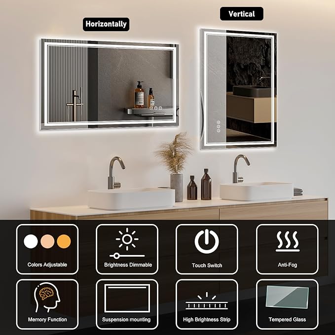 84x40 Inch LED Bathroom Mirror with Frontlit & Backlit（Independent Control）, Lighted Mirror for Bathroom Wall with 3-Color Dimmable & Anti-Fog, Vanity Mirror with Lights