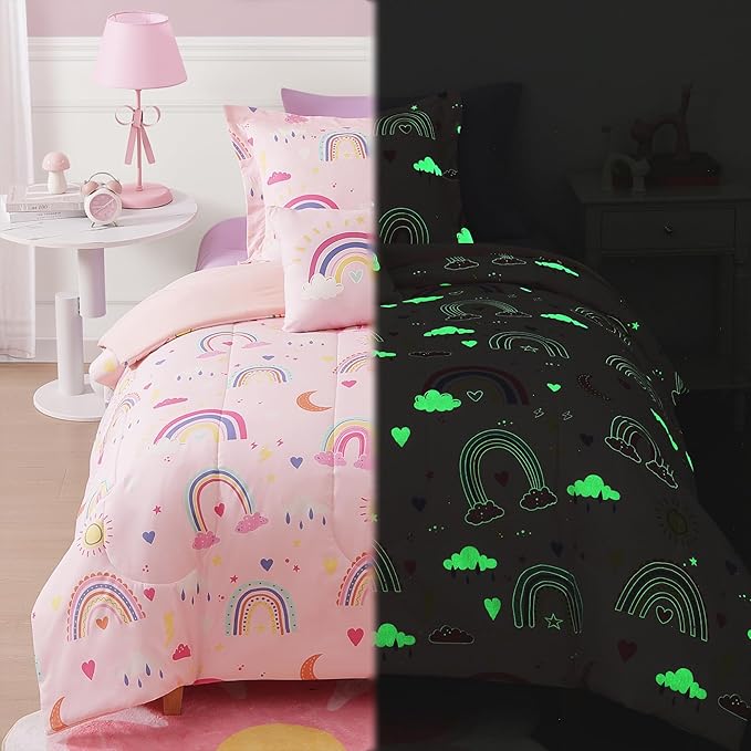 Glow in The Dark Twin Size Comforter Set for Girls, Pink Rainbow Bedding Set for Kids 1 Comforter, 1 Decor Pillow, 1 Pillow Sham