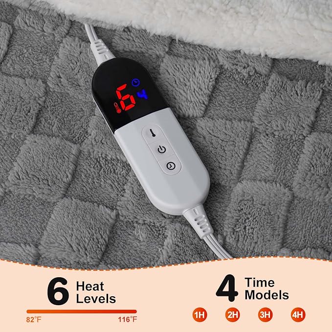 Electric Blanket Throw - Soft Checked Flannel with 6 Heating Levels, 4 Hours Auto-Off, Fast Heating, ETL & FCC Certified, 50"x60", Overheating Protection, Cozy Heated Blanket Throw（Gray）