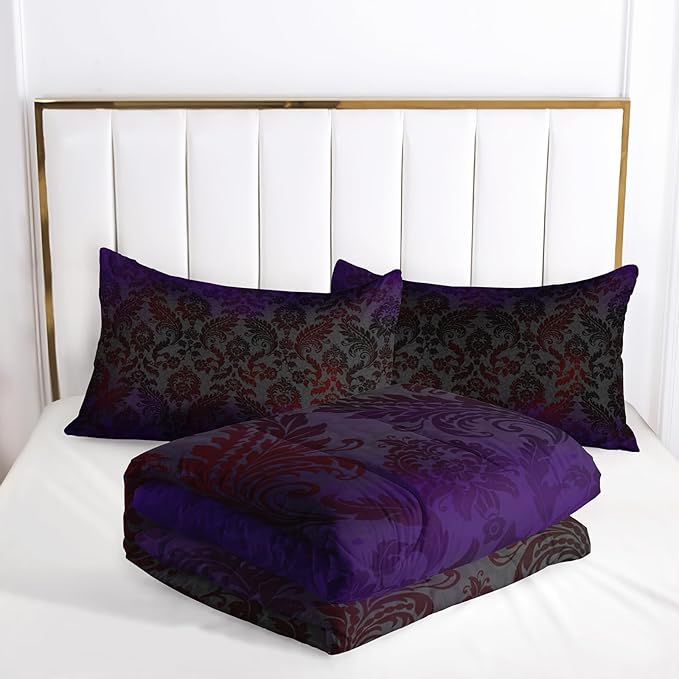 Black Purple Paisley Floral Victorian Gothic Comforter Set Full，Gothic Bedding Set Full Purple，with 1 Comforter with 2 Pillow Case，Halloween Room Decor for Bedroom