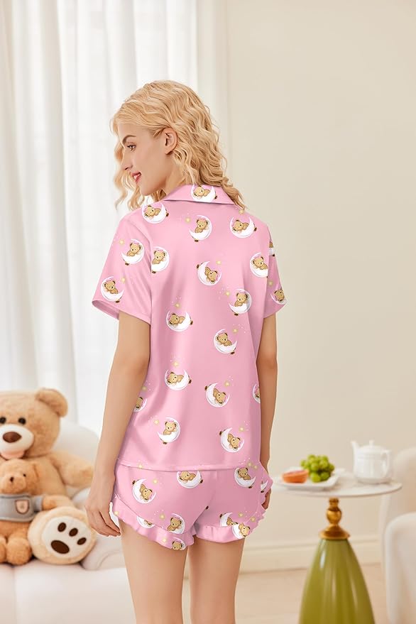 Ekouaer Womens Satin Pajamas Set Button Down 2 Piece Silk Pjs Shorts Set Ruffle Lingerie Notch Collar Sleepwear