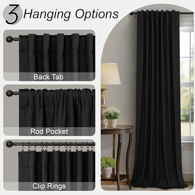 Pitalk Black Curtains for Bedroom 90 Inches Long Sound Proof Modern Window Drapes Light Blocking Floor to Ceiling Rod Pocket Linen Back Tab Curtains Blackout Dining Room Office 52x90 Length 2 Panels