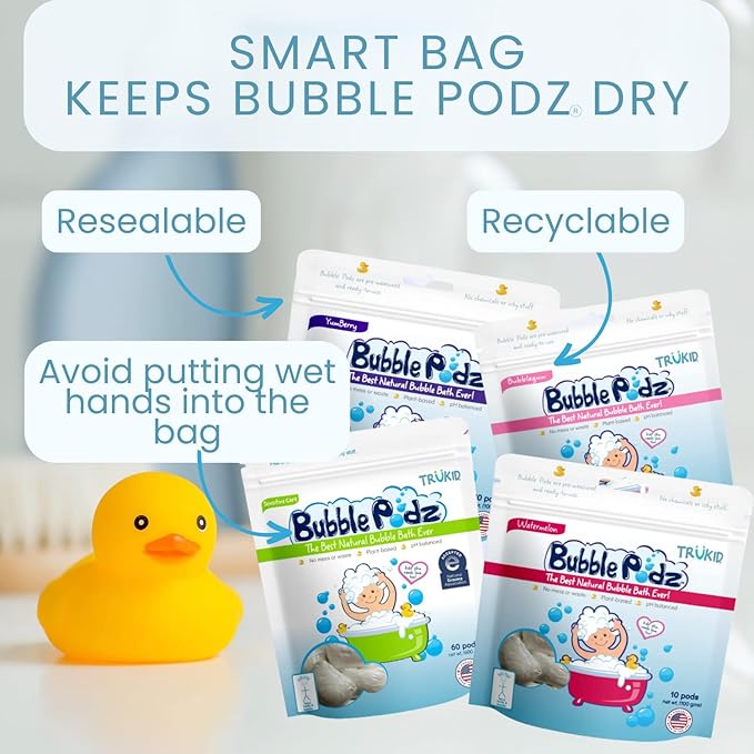 TruKid Bubble Podz Bubble Bath for Kids, Toddlers, & Babies, Tear Free Gentle & Refreshing Bath Bomb for Sensitive Skin with Natural Moisturizers, Non-Toxic, pH Balanced, Watermelon Scent (10 Podz)