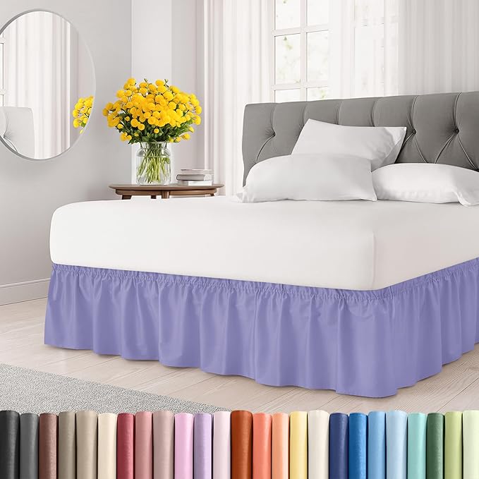 Wrap Around Dust Ruffle Bed Skirt - Lavender - for Full Size Beds with 12 Inch Drop - Easy Fit Elastic Strap - Adjustable Pleated Bedskirt w/Brushed Fabric Wrinkle Free - for Women, Men, Kids & Teens