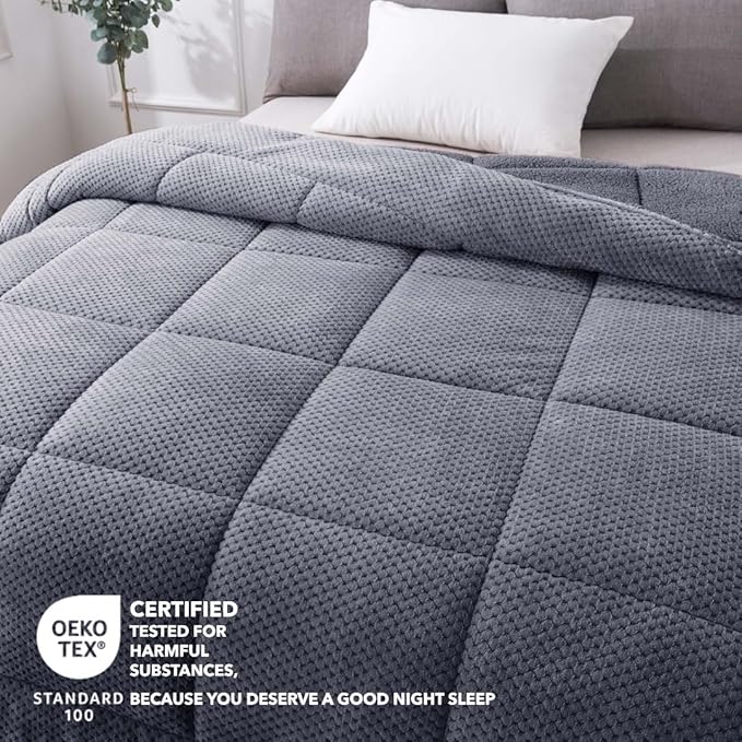 KASENTEX Super Ultra Soft Luxury Plush Sherpa Comforter, Cozy Reversible Fleece - Goose Down Alternative Fill, Machine Washable Bedding, Excalibur Grey, Queen Size