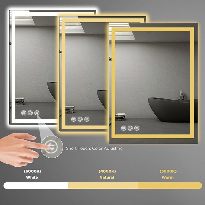 24"x 36" LED Bathroom Mirror with Stepless Dimmable Wall Mirrors with Anti-Fog, Dimmable CRI>90, Vanity Mirror with 3 Color Modes, Shatter-Proof, Memory Bathroom Mirror with LED Lights