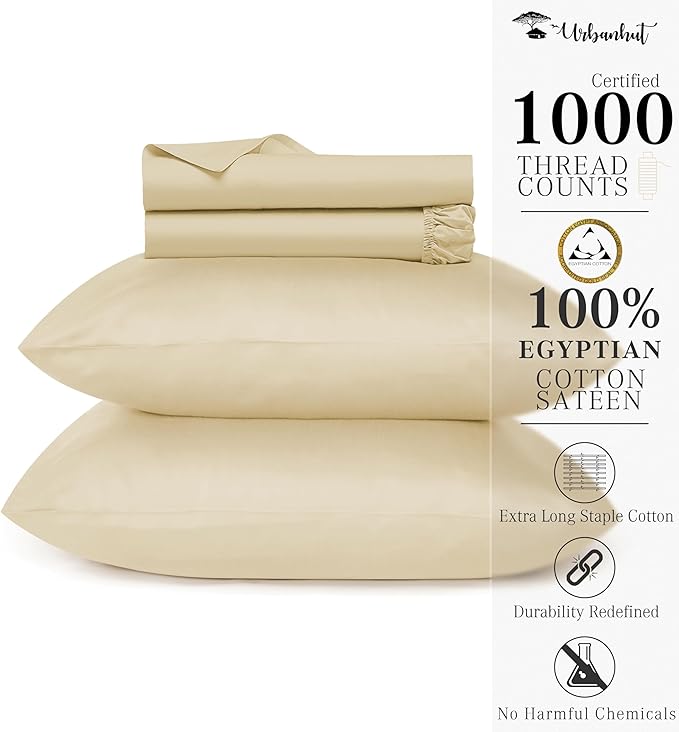 URBANHUT 100% Egyptian Cotton Sheets - 1000 Thread Count Queen Sheet Set (4Pc), Sateen Weave Luxury Hotel Sheets - Fits Upto 16" Mattress - Sand(Beige)