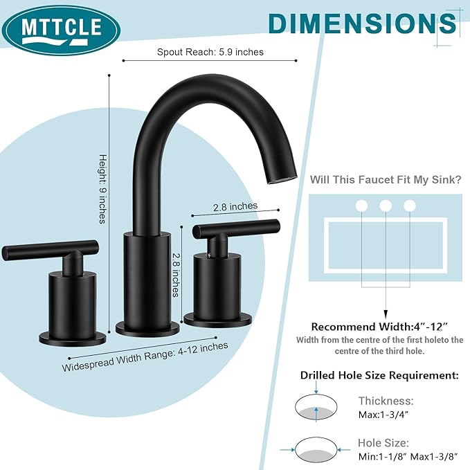 Matte Black Bathroom Faucet 3 Hole, 8 Inch Widespread with Pop-up Drain, 2 Handle Bathroom Sink Faucet, Modern Vanity Faucet for Bathroom Sink with 360° Swivel Spout