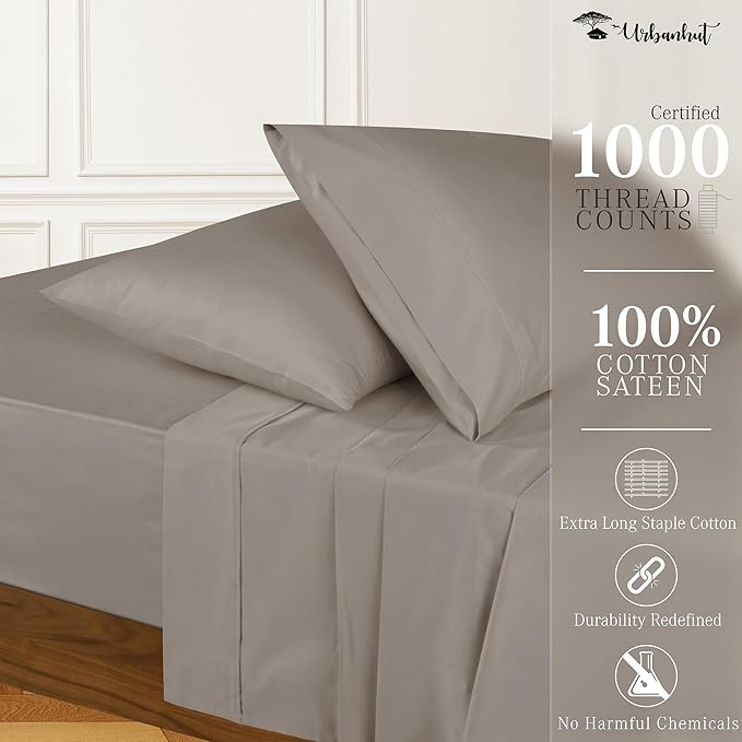 URBANHUT 1000 Thread Count Egyptian Cotton Sheets Full Size, Long Staple Soft & Breathable, 4 Pc Bed Sheet Sets, Luxury Hotel Sateen Sheets Fits 16" Deep Pocket - Dark Grey