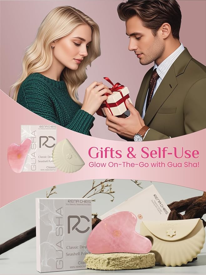 Rena Chris Gua Sha Facial Tools, Ergonomic Rose Quartz Guasha Tool for Face Massage, Manual Facial Massager Tool for Jawline Sculpting and Puffiness Reduction with Silicone Case (Pink)