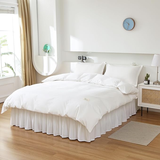 MEILA Wrap Around Bed Skirt Three Fabric Sides Elastic Dust Ruffled 18 Inch Tailored Drop,Easy to Install Fade Resistant-Natural White, Twin/Full