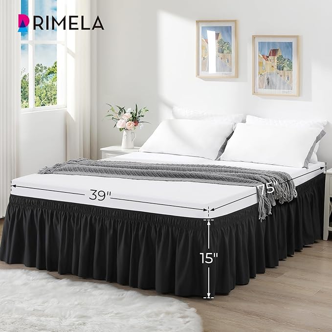 RIMELA Bed Skirting Queen Size Black Bed Skirt 25 Inch Drop, Wrap Around Elastic Adjustable Bedskirt, Dust Ruffle for Bed Frame & Box Spring Soft Durable Fabric Machine Washable Easy to Install