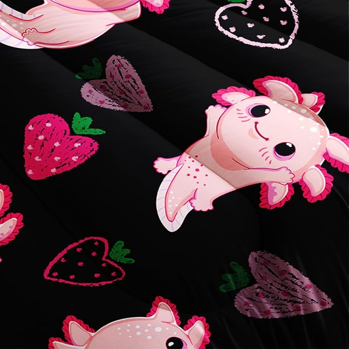 Cute Axolotl Bedding Set Queen Size,Pink Axolotl Strawberry Printed Comforter Sets Aesthetic Bedding for Kids Girls,Beach Coastal Animal Themed Comforter Sets with 2 Pillowcases.