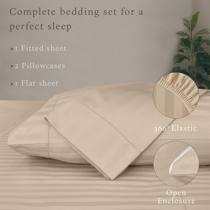 Threadmill 500 Thread Count King Size Damask Stripe, 4 Pc Luxury Cotton Bedsheet Set, Silky Soft Light Beige Sheets with 16" Elasticized Deep Pocket, 2 Pillowcases & Free Tote Bag