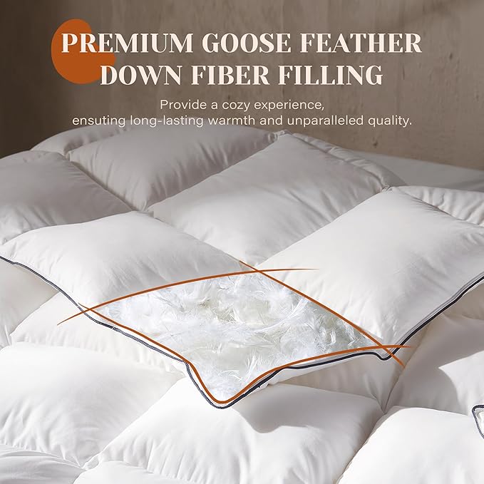 Goose Feather Down Fiber Cotton Comforter Oversize Queen Size, Ultra-Soft Duvet Insert, Hotel Collection White Quilted Comforter, All Season Bedding Comforter with 8 Corner Loops, 98x96 Inch
