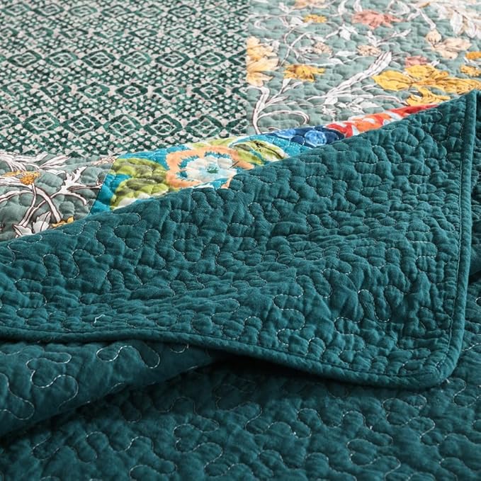 Autumn Dream Cotton Bedspread Quilt Sets Reversible Bedding Coverlet Sets Comforter, Vintage Floral Patchwork Turquoise Bedspread, Queen Size