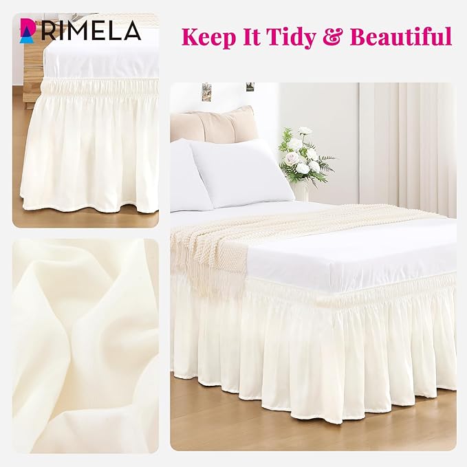 RIMELA Cream White Bed Skirt King Size 15 Inch Drop, Wrap Around Elastic Bedskirt, Dust Ruffle for Adjustable Bed Base Machine Washable Easy to Install Bed Skirts