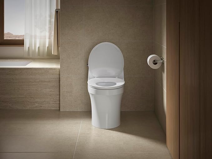 KOHLER 57778-GCF-0 Cymbal ReadyLatch Quiet-Close Soft Close Toilet Seat Round, Flexible CoreFlex Material, Wider Toilet Seat Surface, Home Essentials, White with Ice Grey Core Center