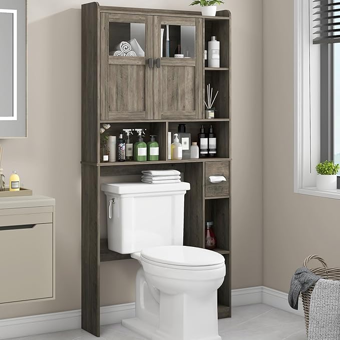 Vabches Over The Toilet Storage Cabinet, Bathroom Shelf Over Toilet with Glass Doors and Adjustable Shelves, Grey Freestanding Home Space Save Toilet Rack, for Restroom, Bathroom, Laundry