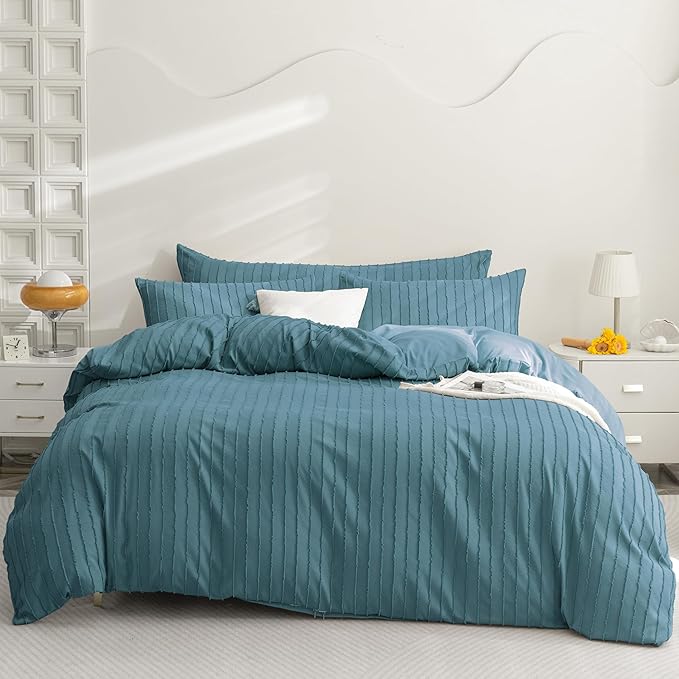 JELLYMONI Duvet Cover Twin Size Grayish Blue - 3PCS Boho Striped Duvet Cover Set Polyester Tufted Bohemian Textured Comforter Cover 68×90in with Corner Ties & Zipper and 2 Pillowcases