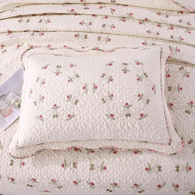 Quilt Set Floral Leaves 3D Embroidery Pattern 3 PCS Cotton Reversible Quilted Embroidered Decorative Bedspreads Coverlet Set, Lightweight &Soft Queen Size Beige Bedding Coverlet for All Season