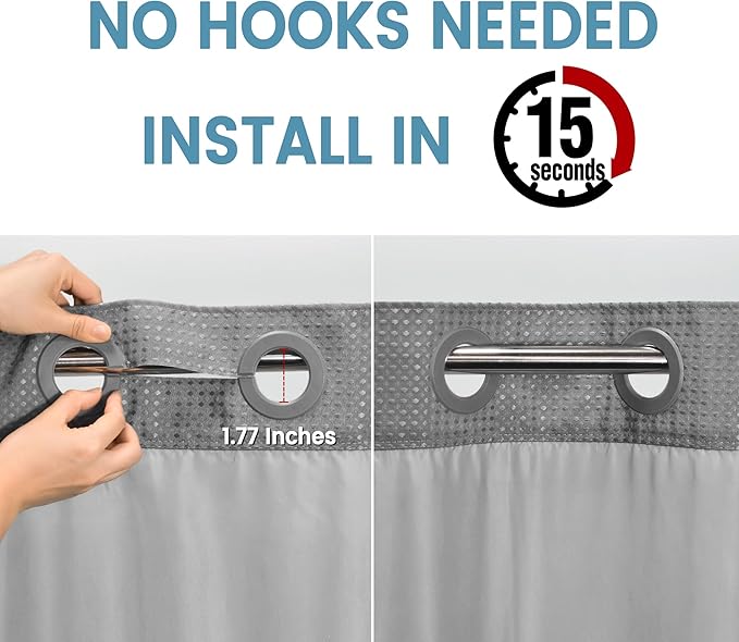 Stall No Hook Shower Curtain with Snap in Liner,230GSM Waffle Weave Shower Curtains for Bathroom,36W x 74H,Grey