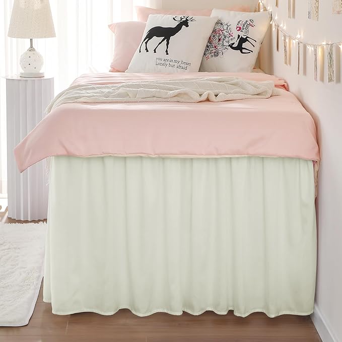 RIMELA Dorm Bed Skirt Twin XL 32 Inch Drop, Easy to Install Extra Long Wrap Around Elastic Dust Ruffle, Ivory Bedskirt Solid Silky Fabric Machine Washable (Twin XL 80“L x 39”W & Twin 75“L x 39”W)